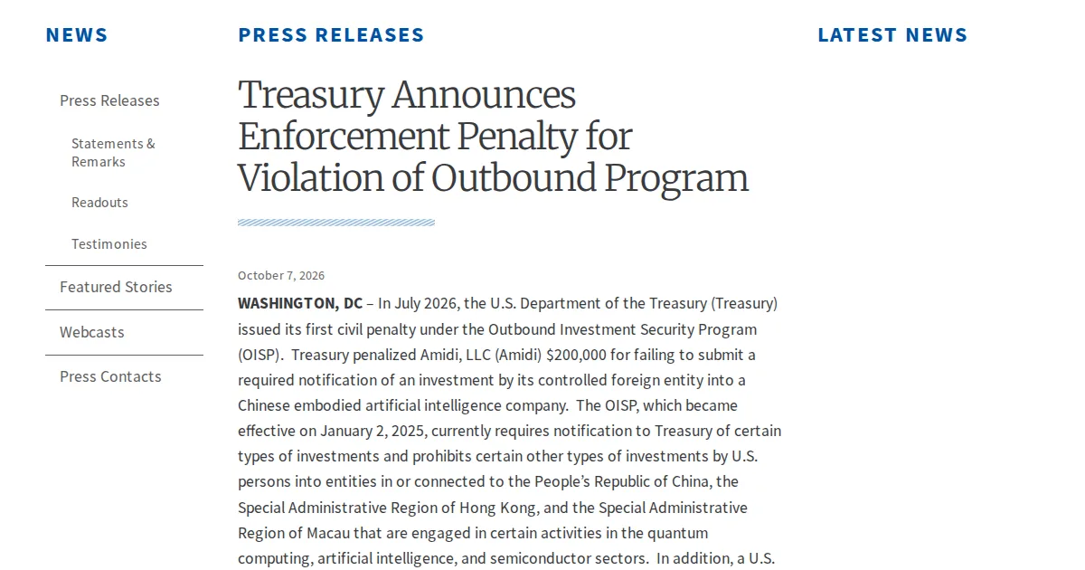 Screenshot of the U.S. Treasury press release dated October 7, 2026, headed Treasury Announces Enforcement Penalty for Violation of Outbound Program
