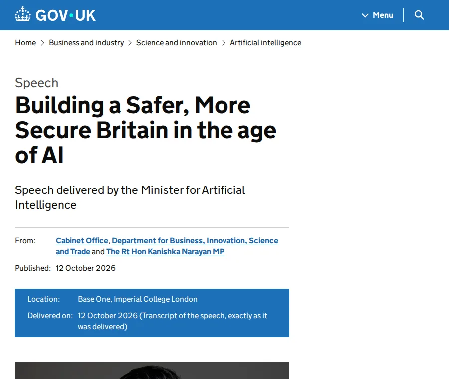 The gov.uk page for Kanishka Narayan's speech, delivered at Base One, Imperial College London on 12 October 2026