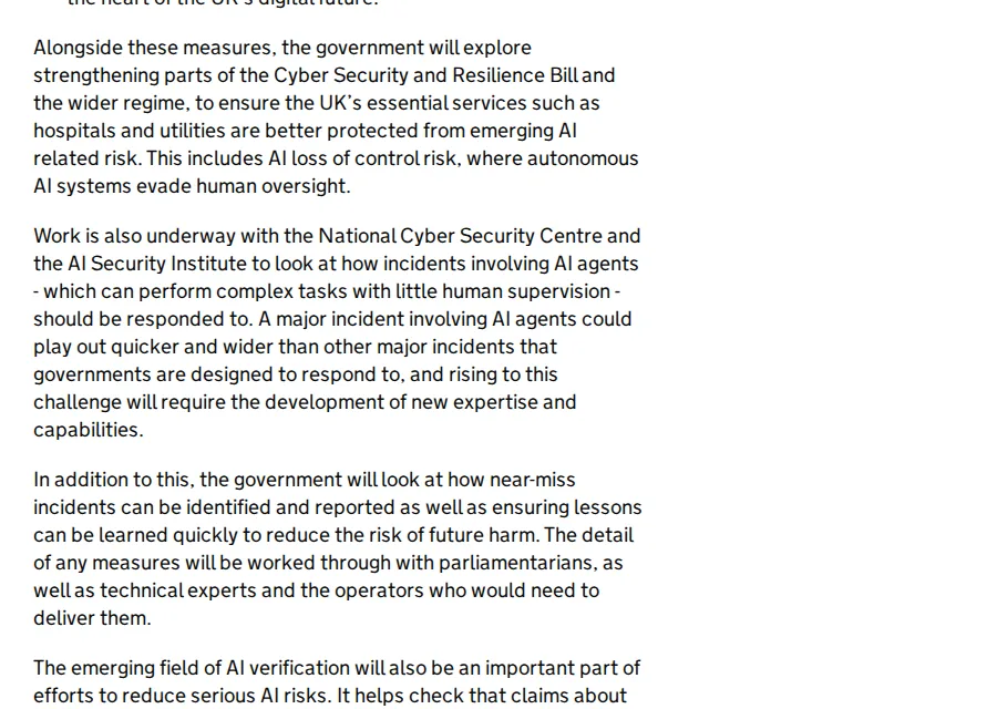 Press release paragraphs on strengthening the Cyber Security and Resilience Bill, AI agent incident work and near-miss reporting