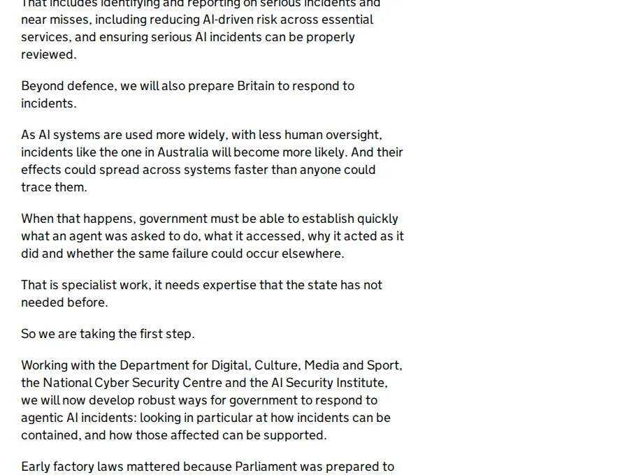 Speech paragraphs on reporting serious incidents and near misses, and on what government must establish after an AI agent incident
