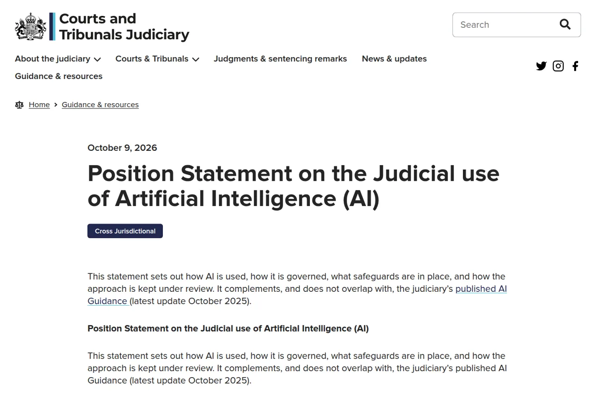 The judiciary.uk page for the Position Statement on the Judicial use of Artificial Intelligence, dated October 9, 2026