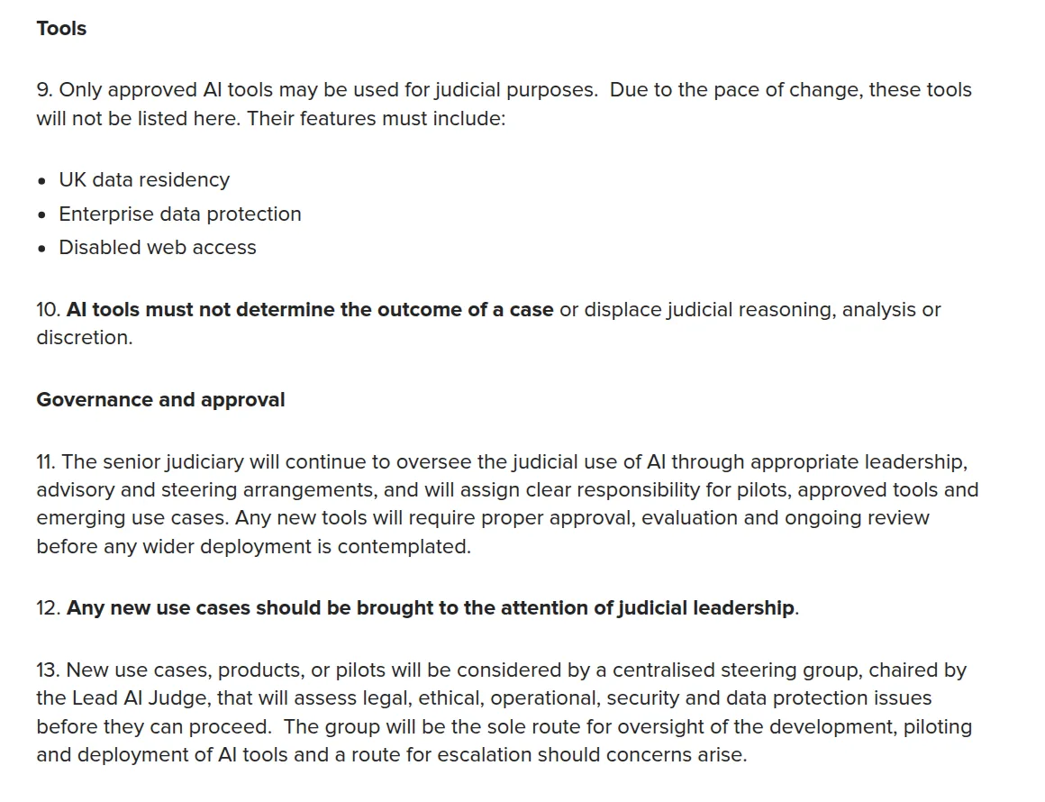 Paragraphs 9 to 13 of the judicial AI position statement: approved tools, the three required features, and the steering group