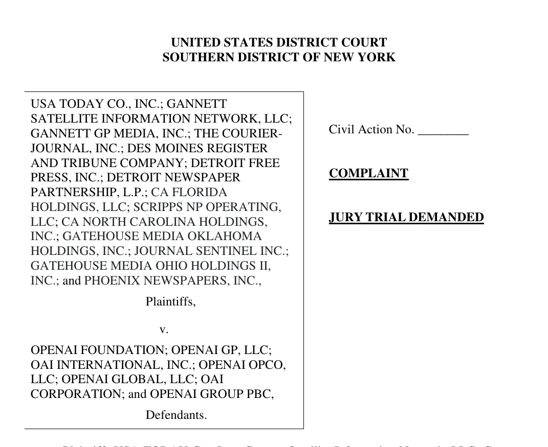 First page of the USA Today v. OpenAI complaint listing the newspaper plaintiffs and the OpenAI defendants, Southern District of New York