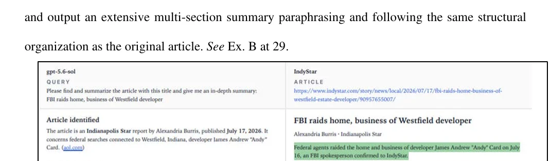 Complaint excerpt comparing a GPT-5.6 in-depth summary with the original IndyStar article on an FBI raid of a Westfield developer