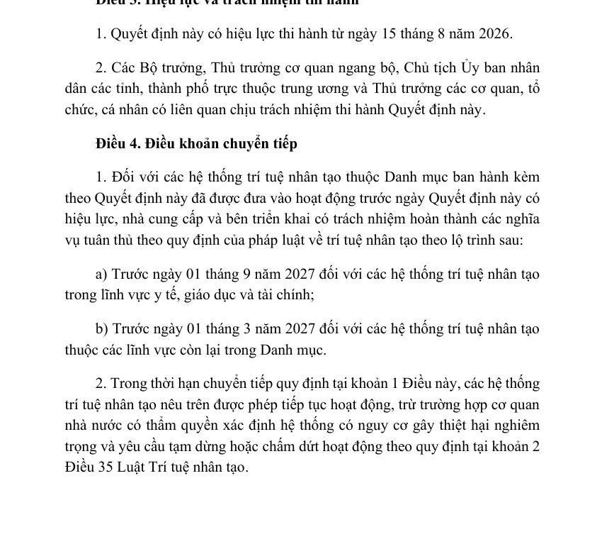 Articles 3 and 4 of Decision 33/2026/QD-TTg in Vietnamese: effective August 15, 2026; transition deadlines of September 1, 2027 for health, education and finance and March 1, 2027 for other sectors