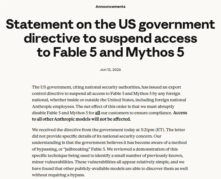 Anthropic statement of June 12, 2026 on the US government directive to suspend access to Fable 5 and Mythos 5