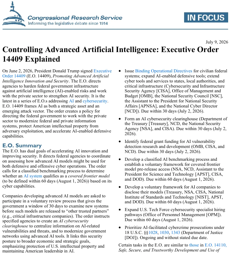 Congressional Research Service In Focus IF13268, Controlling Advanced Artificial Intelligence: Executive Order 14409 Explained, page 1