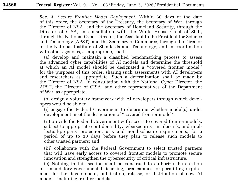 Federal Register page 34566 showing EO 14409 Section 3, Secure Frontier Model Deployment