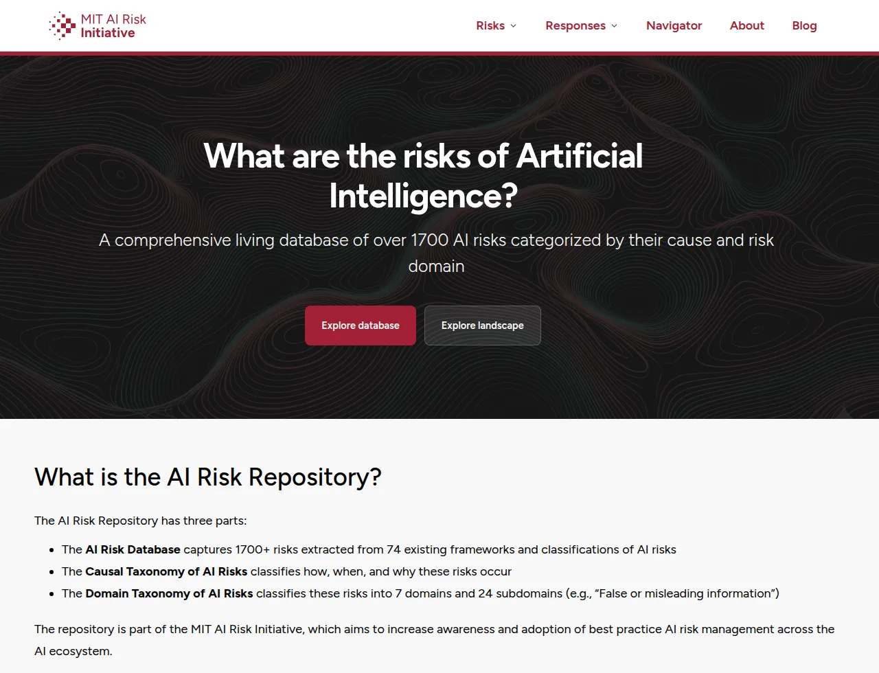 MIT AI Risk Repository landing page describing a living database of AI risks categorized by cause and risk domain