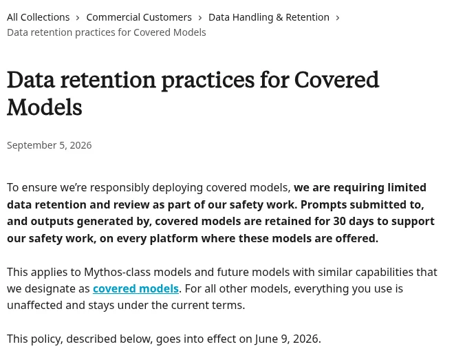 Anthropic privacy center article Data retention practices for Covered Models, stating prompts and outputs are retained for 30 days