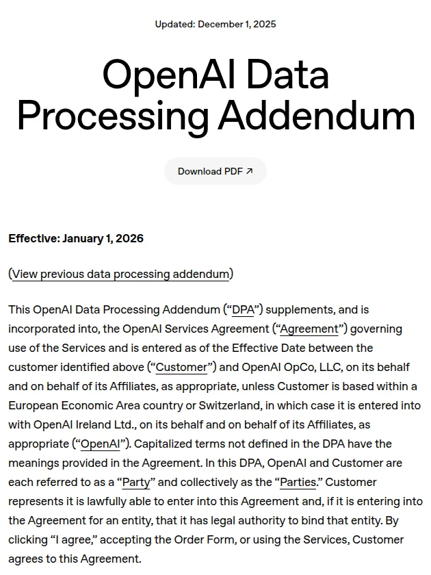 OpenAI Data Processing Addendum page header showing Effective January 1, 2026