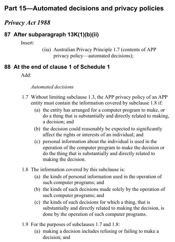 Part 15 of the Privacy and Other Legislation Amendment Act 2024, showing the text of APP 1.7, 1.8 and the start of 1.9