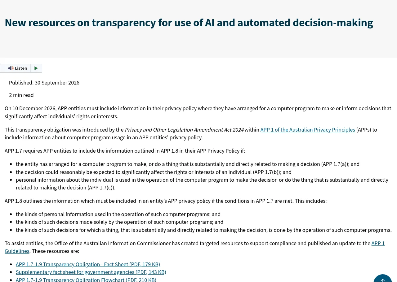OAIC news release of 30 September 2026, New resources on transparency for use of AI and automated decision-making, listing the APP 1.7 conditions and the new fact sheet and flowchart