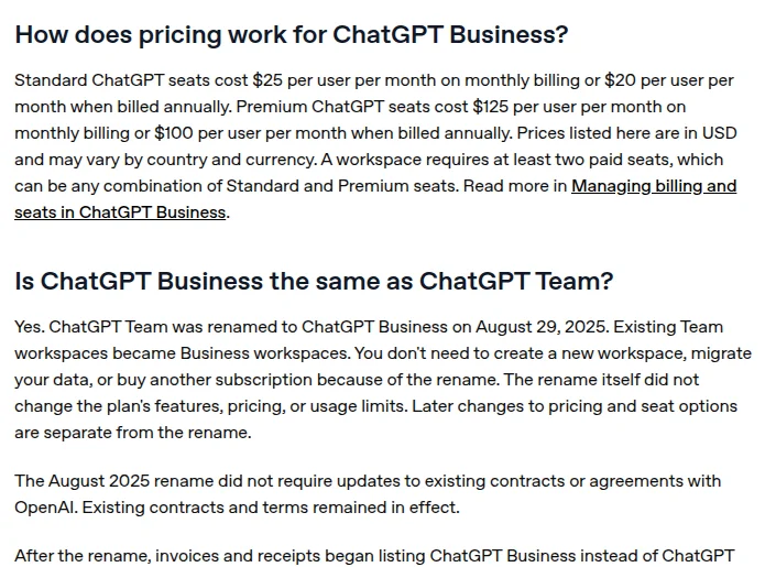ChatGPT Business General FAQ answers on Standard and Premium seat pricing, the two-seat minimum, and the rename of ChatGPT Team to ChatGPT Business