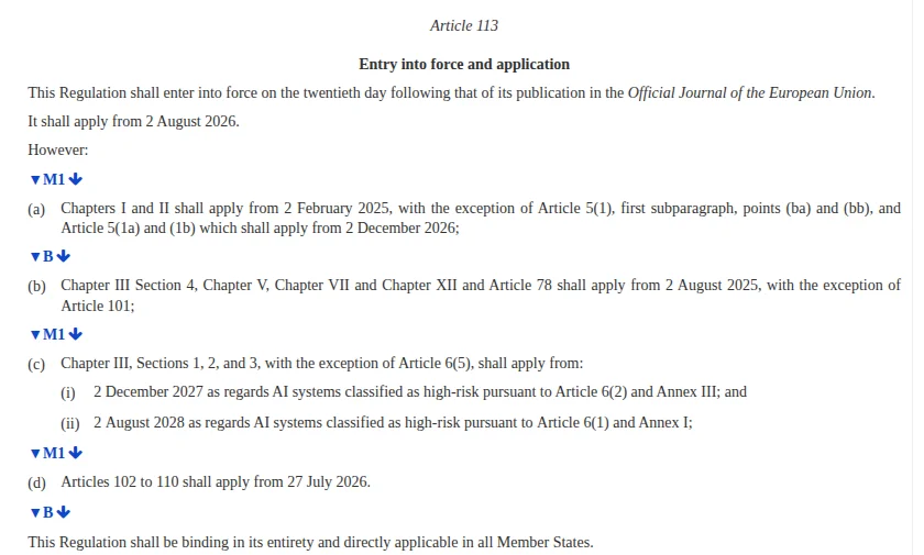 Article 113 of the consolidated EU AI Act on EUR-Lex, listing application dates including 2 December 2027 for Annex III high-risk systems and 2 August 2028 for Annex I