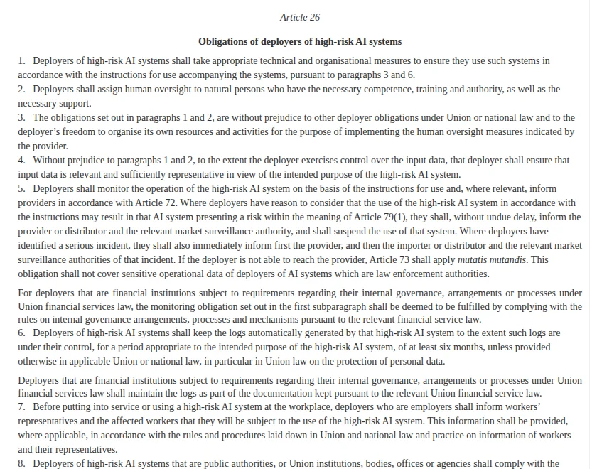 Article 26 of the consolidated EU AI Act on EUR-Lex, obligations of deployers of high-risk AI systems