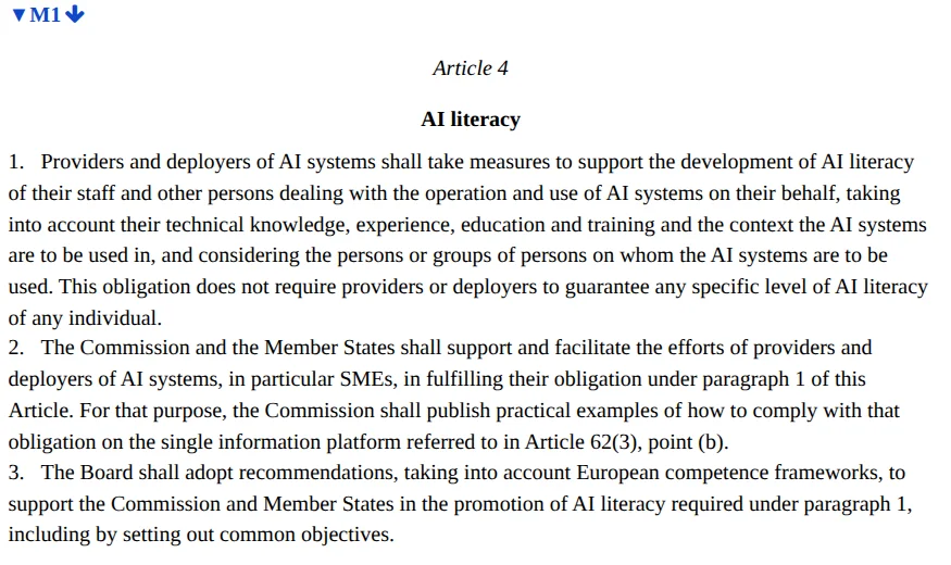 EU AI Act Article 4 on AI literacy in the EUR-Lex consolidated text, as amended by Regulation (EU) 2026/1744