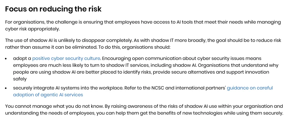 NCSC guidance text: shadow AI is unlikely to disappear completely, the goal should be to reduce risk, and organisations should adopt a positive cyber security culture
