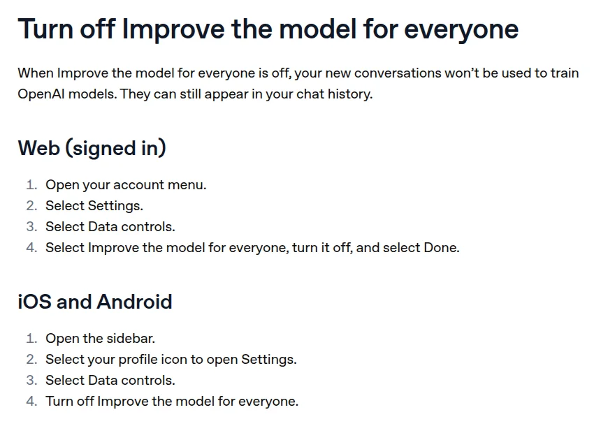 OpenAI Help Center: Turn off Improve the model for everyone, with the steps on web and mobile